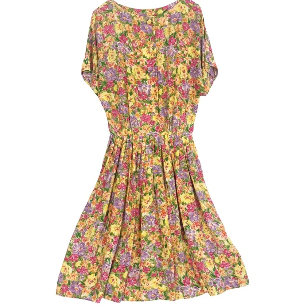 VINTAGE 80s 90s Bold Yellow Pink Floral Brushstroke Art Print Silk Pleated Mini - Picture 5 of 9